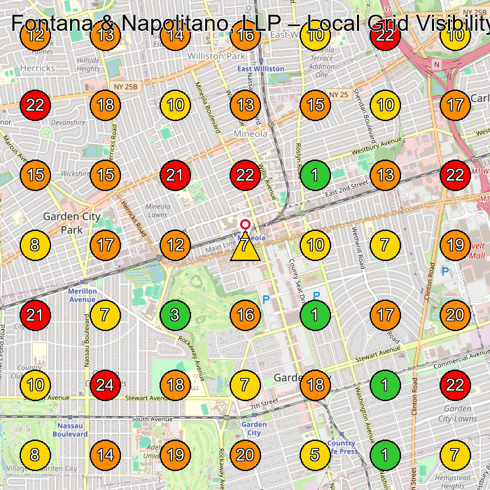 Fontana & Napolitano, LLP Law Firm GeoGrid ranking map for Garden City NY